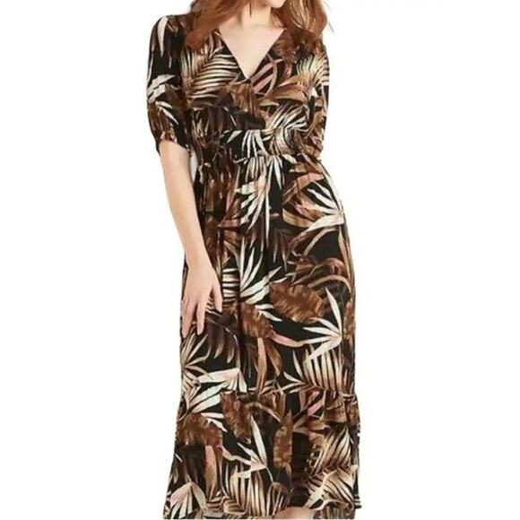 Old Navy Tropical Palm Leaf Maxi Dress XL Black Brown Waist Defined Tropical - Picture 2 of 15